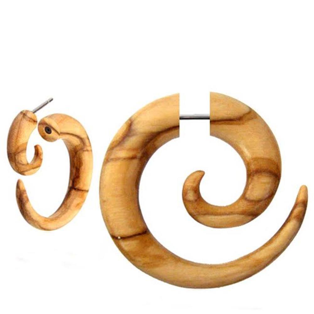 Fake Piercing Spirale hellbraun mit natürlicher Maserung Holz Edelstahlbügel Verschluss