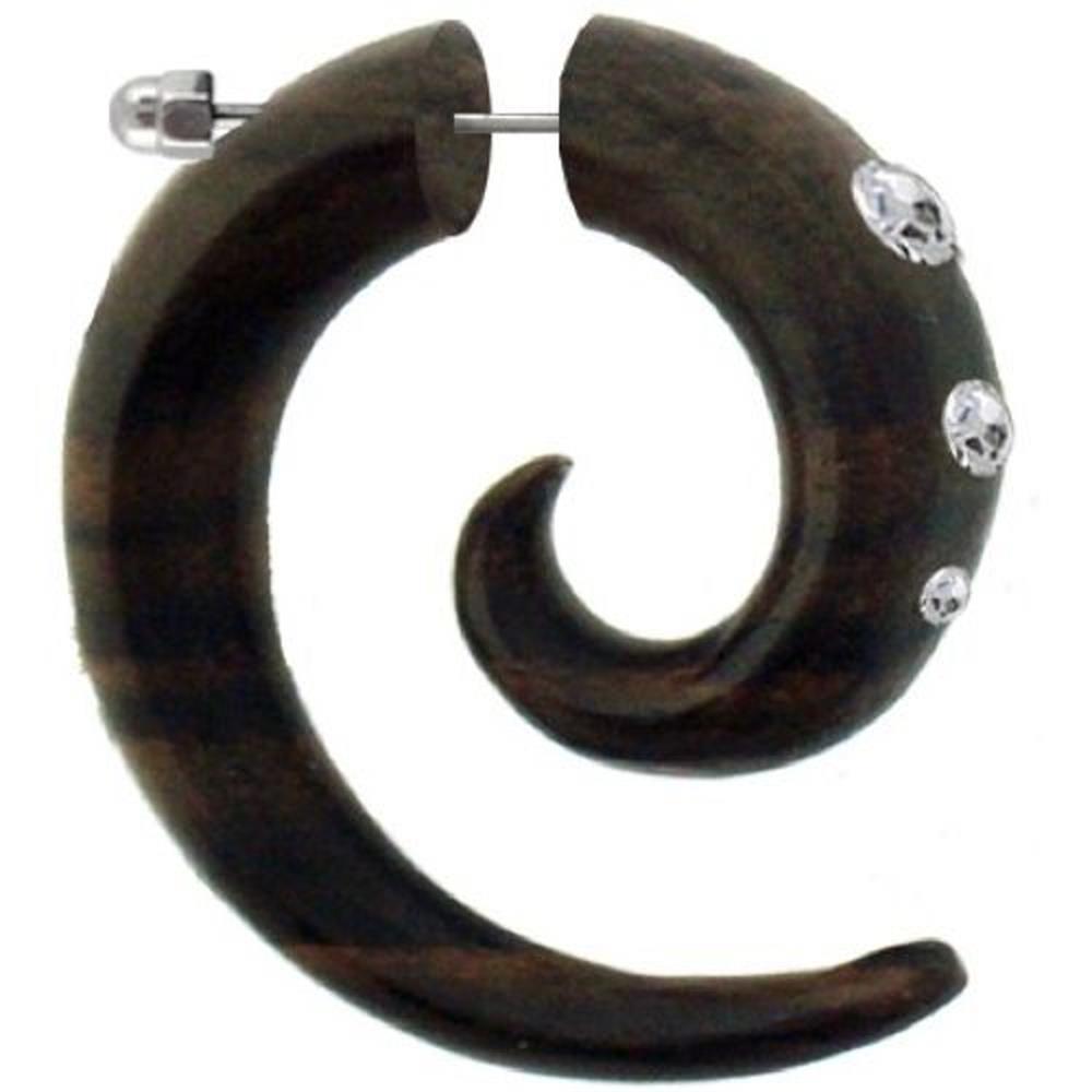 Tribal Fake Piercing braun Spirale weiß vorn Kristalle handgeschnitzt Sonoholz Edelstahl 1 mm