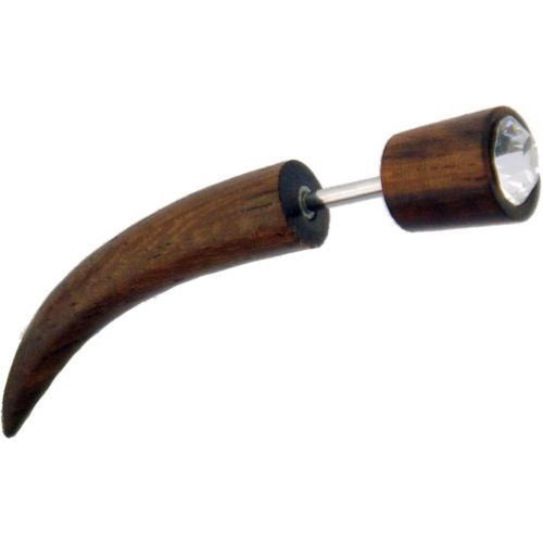 Tribal Fake Piercing braun leicht gebogen Spike weiß Kristall handgeschnitzt Sonoholz Edelstahl 1 mm