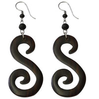 Load image into Gallery viewer, Tribal Ohrringe aus Sono Holz, große braune Strudel, Edelstahlbügel
