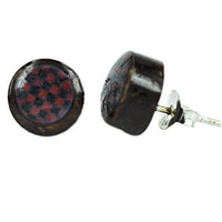 Load image into Gallery viewer, A pair of Kokosnuss Ohrstecker Schachbrett rot schwarz, round with dark brown wood, red and black checkerboard center, made with 925er Sterling Silber posts for a stylish look.
