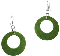 Load image into Gallery viewer, Holzohrringe Kreis Loch grün 40 mm Ohrringe Holz Edelstahl Ohrhänger Damen Organic Schmuck
