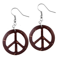 Load image into Gallery viewer, Holzohrringe braun Peace Zeichen 26 mm Tribal Ohrringe Kokos Holz Edelstahl Ohrhänger Organic

