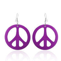 Cargar imagen en el visor de la galería, A pair of large, colorful, round Holzohrringe (50 mm) with a cut-out Peace symbol design and nickel-free stainless steel hooks.
