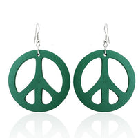 Cargar imagen en el visor de la galería, A pair of colorful, round Holzohrringe (wooden earrings), 50 mm in diameter, featuring a peace symbol design with stainless steel, nickel-free hooks.
