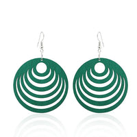 Load image into Gallery viewer, A pair of colorful, round 50 mm Holzohrringe with concentric semi-circles, hanging from silver nickelfrei hooks; &quot;Holzohrringe bunt 50 mm rund Halbkreise Damen Ohrringe Holz Ohrhänger Organic.
