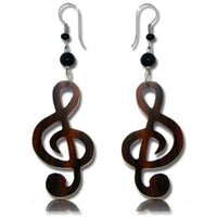 Load image into Gallery viewer, Tribal Ohrringe Notenschlüssel Musik Holz Edelstahl braun Perlen schwarz Ohrhänger nickelfrei
