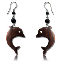 Load image into Gallery viewer, Tribal Ohrringe Delfin Delphine Narra Holz Edelstahl braun Perlen schwarz Ohrhänger nickelfrei
