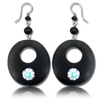 Cargar imagen en el visor de la galería, Ohrringe Narra Holz Murmel Blume blau gold oval Loch Edelstahl schwarz Perlen Ohrhänger Tribal
