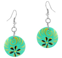 Load image into Gallery viewer, Holzohrringe Blume türkis 20 mm Ohrringe Holz Edelstahl Ohrhänger Damen Organic Schmuck Scheibe
