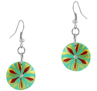 Load image into Gallery viewer, Holzohrringe Blumen türkis rot 20 mm Ohrringe Holz Edelstahl Ohrhänger Organic Schmuck Scheibe
