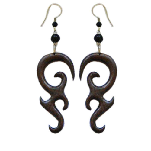 Tribal Spirale Ohrringe aus Sono Holz, flame, Edelstahlbügel, Ohrhänger, Ohrstecker