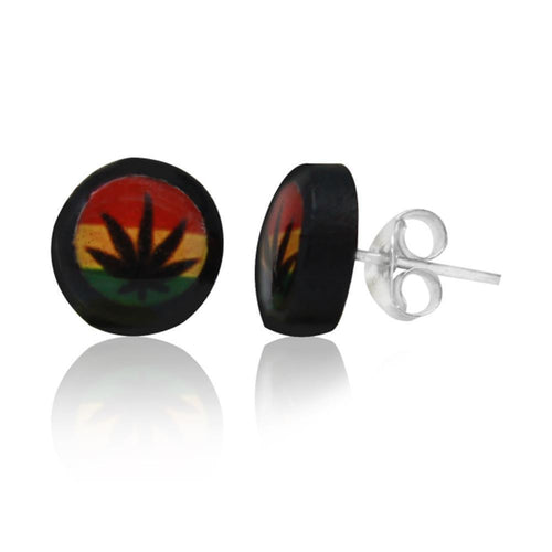 Add bold style with Ohrstecker Kokosnuss Holz Rasta Hanf rot schwarz Silberohrringe: round earrings featuring a Hanf Blatt on red, yellow, and green stripes, black border, and 925 silver posts. Unisex design perfect for any look.