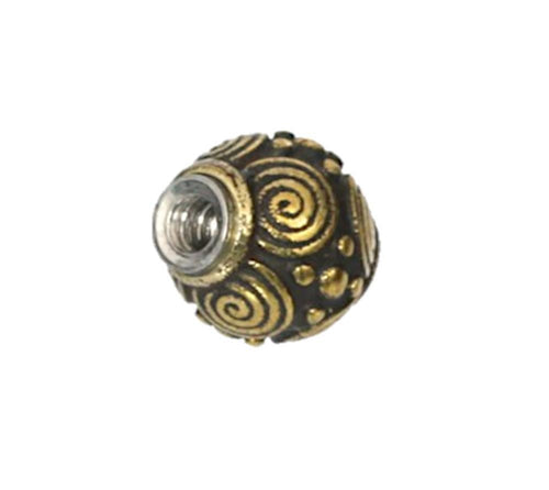 The "Kugel Bauchnabelpiercing Brass Edelstahl gold" features a round bead with gold spirals and dot designs on a dark base, plus a silver metal-lined center—perfect for those who love unique retro vintage styles.