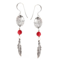Load image into Gallery viewer, Ohrhänger Koralle Perle Rot Feder oval 925er Sterling Silber Ohrringe Damen Indianer Schmuck
