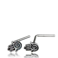 Load image into Gallery viewer, Silber Nasenstecker 0,8 mm Nostril Khamsa Hand L-Form Nasenpiercing
