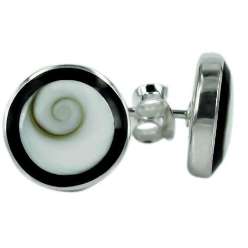 These Shivaauge schwarz rund 10 mm Silberohrstecker Ohrringe feature a white shell with a natural spiral, set in 925er Silber with a black border and butterfly backings—elegant Damen Schmuck for any occasion.