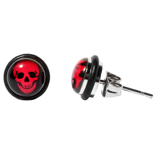 Ohrstecker Muster Rot Totenkopf Edelstahl Unisex Schmuck Ohrringe Kautschuk Glas Stainless Steel