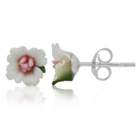 Load image into Gallery viewer, Ohrstecker rosa weiß Rose Blättchen plastisch 925er Silber Damen Rosenohrstecker
