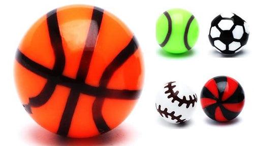 Five round acrylic stud earrings, each inspired by sports balls: basketball, tennis, and soccer. Made with 6mm stainless steel, nickel-free—unisex Ohrstecker Sport Ball design. The basketball earring is the most prominent.