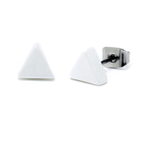 Load image into Gallery viewer, A pair of 6 mm thick, colorful triangular acrylic unisex Ohrstecker with stainless steel, nickel-free backings shown on a white background.
