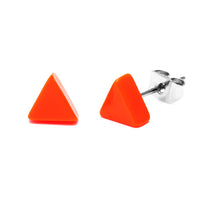 Load image into Gallery viewer, A pair of 6 mm, thick, colorful triangular Acryl Unisex Ohrstecker with nickel-free silver Edelstahl posts and backs, displayed on a white background.
