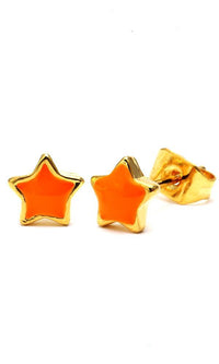 Cargar imagen en el visor de la galería, Brass Ohrstecker Stern 6 mm bunt gold Emaille nickelfrei Messing: Gold star-shaped stud earrings with vibrant orange enamel centers, made from nickel-free brass, shown on a white background.
