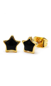 Cargar imagen en el visor de la galería, A pair of Brass Ohrstecker Stern 6 mm in gold with colorful enamel accents is shown on a white background. One earring stands upright, while the other lies on its side, displaying its nickel-free brass backing.
