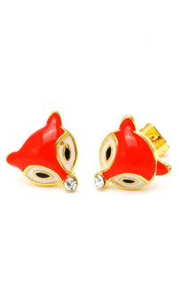 Load image into Gallery viewer, A pair of Brass Ohrstecker Fuchs Kristall, 12 mm, featuring colorful gold enamel, faceted details, and nickel-free Messing in a fox design with a sparkling gem accent.
