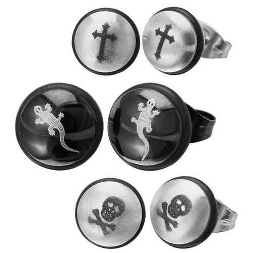 Sechs runde Edelstahl Ohrstecker (10 mm) in Silber-Schwarz mit Gummi: je 2 mit Kreuz, Totenkopf oder Gecko graviert.