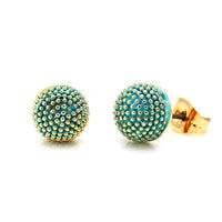 Load image into Gallery viewer, A pair of Ohrstecker, 18 karat gold-plated copper half-spheres with blue-turquoise enamel, pink dots, gold-tone details, and nickel-free emaille surface.
