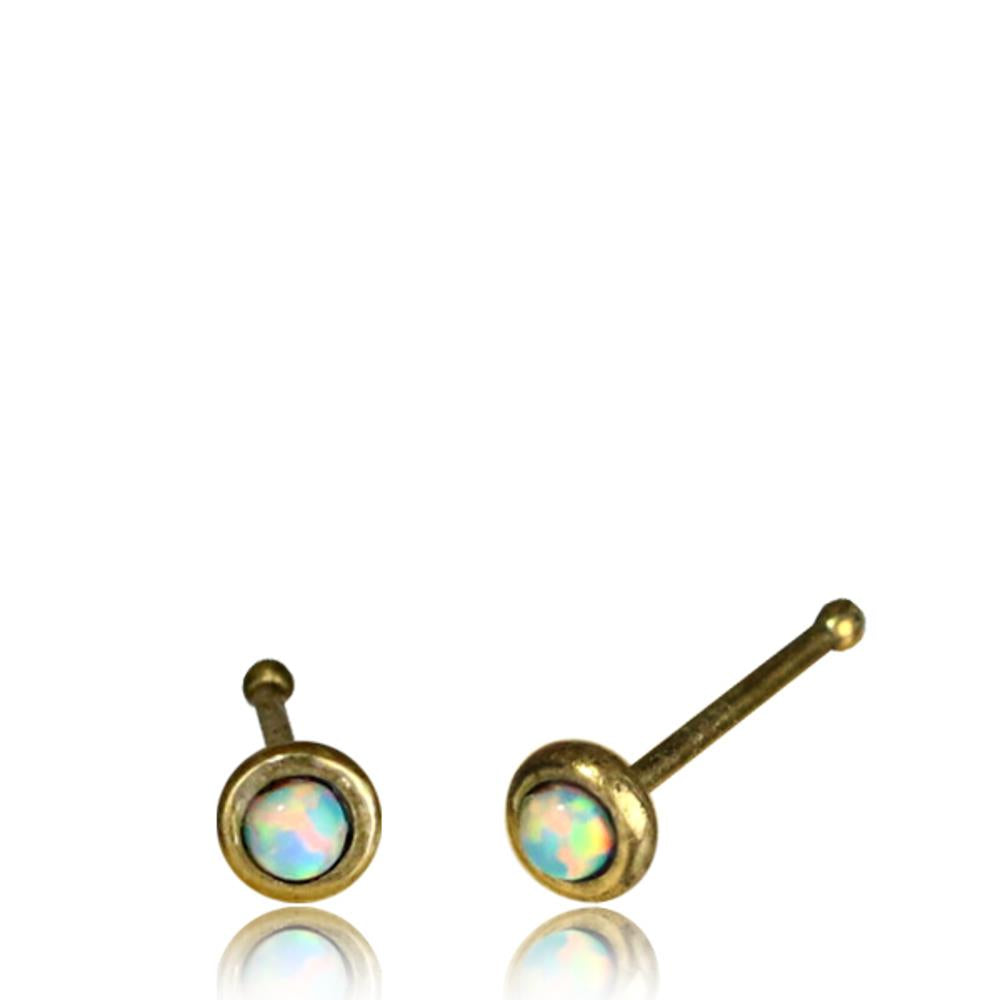 Opal weiß Nasenstecker Nostril Tragus antik golden Messing rund 8 mm lang