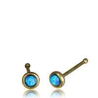 Load image into Gallery viewer, Opal blau Nasenstecker Nostril Tragus antik golden Messing rund 8 mm lang
