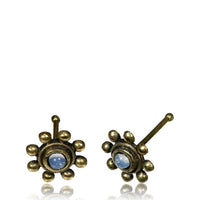 Cargar imagen en el visor de la galería, Gerader Mondstein Nasenstecker Tragus antik golden Punkte Blume Messing 8 mm lang
