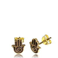 Load image into Gallery viewer, Messing Ohrstecker antik gold Lotus Zahnrad Khamsa Blume Türkis
