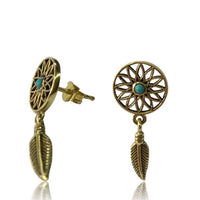 Load image into Gallery viewer, Messing Ohrstecker Traumfänger antik gold Türkis
