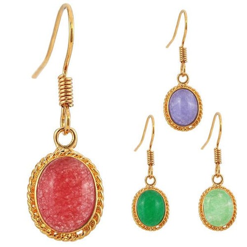 Four nickelfrei Brass Ohrringe Ohrhänger Ohrschmuck Damen Brasshänger with oval Katzenauge stones in red, purple, dark green, and light green, each set in a decorative gold-toned frame for an elegant look.