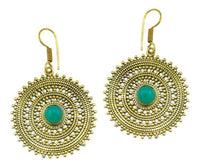 Load image into Gallery viewer, Ohrringe Jade Zopf Kreis Punkte Dreiecke Messing antik golden Ohrhänger nickelfrei Tribal Brass
