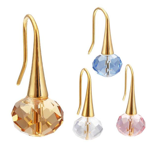 Four gold drop earrings made from brass and faceted Glaskristall in blue, pink, and white are shown against a white background. Each nickelfrei Ohrhänger adds a sparkling touch to your essentials.