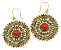 Load image into Gallery viewer, Ohrringe Jaspis Zopf Kreis Punkte Dreiecke Messing Ohrhänger rot nickelfrei antik golden Tribal
