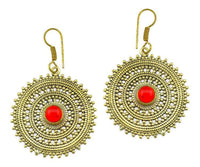 Load image into Gallery viewer, Ohrringe Granat Zopf Kreis Punkte Dreiecke Messing Ohrhänger rot antik golden Tribal
