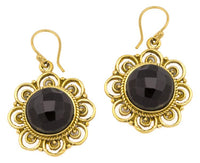 Load image into Gallery viewer, Ohrringe Onyx facettiert Blume Bögen Messing antik golden Tribal 25 mm
