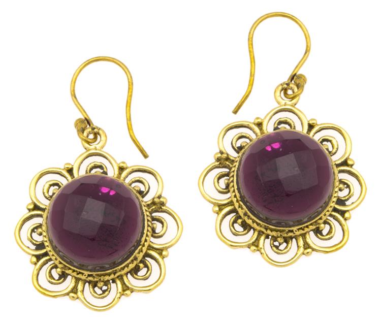 Ohrringe Amethyst facettiert Blume Bögen Messing antik golden Tribal 25 mm