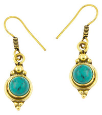 Load image into Gallery viewer, Ohrringe Kreis Türkis Punkte Dreiecke Messing Brass antik golden Tribal Ohrhänger
