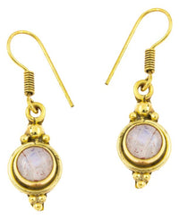 Load image into Gallery viewer, Ohrringe Kreis Mondstein Punkte Dreiecke Messing Brass antik golden Tribal Ohrhänger
