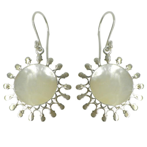Perlmuttmuschelohrringe, sonnenförmige Silberohrringe mit runder Perlmuttmuschel, aus 925er Sterlingsilber