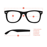 Load image into Gallery viewer, Diagramm einer Sonnenbrille in Retro-Stil zeigt Messpunkte—Rahmenbreite, Stegbreite, Glasbreite, Glashöhe, Bügellänge—nummeriert und mit roten Linien markiert. Beschriftung auf Deutsch. Ideal für Sonnenbrille rot weiß Nerdbrille silber gold Rainbow verspiegelt 400 UV.
