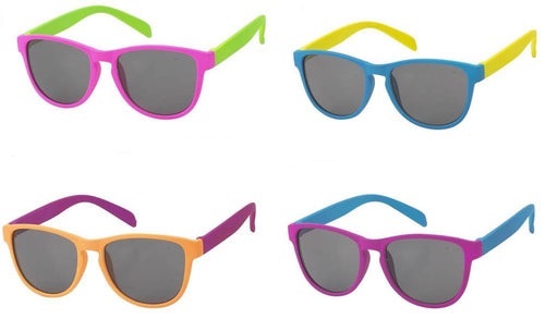 Four pairs of Sonnenbrille Nerdbrille Atzenbrille getönt 400UV grau zweifarbig, each with gray lenses and two-tone frames—pink/green, yellow/blue, orange/purple, blue/light blue—arranged in a grid on a white background.