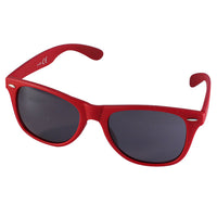 Load image into Gallery viewer, A pair of Sonnenbrille Nerd einfarbig Unisex Brille with a bold red frame and dark tinted, mirrored lenses, offering 400 UV protection, photographed against a white background.
