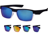 Cargar imagen en el visor de la galería, Five pairs of Sonnenbrille verspiegelt 400 UV, eckig mit schwarzem Rahmen und bunter Unterseite, sind zu sehen. Die Gläser sind blau, orange, grün oder blau-grün verspiegelt und bieten 400 UV-Schutz für sportliche Aktivitäten.
